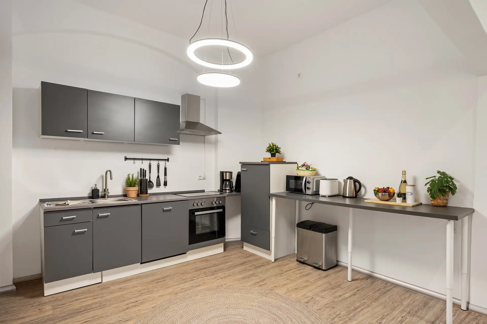 Moderne Küche mit grauen Schränken, Geräten aus Edelstahl und Topfpflanzen in dieser gut organisierten Ferienwohnung in der Unteren Marktstraße. Kleine Geräte säumen die lange Theke, darüber leuchtet eine runde Deckenleuchte, und Holzböden vervollständigen den aufgeräumten Raum.